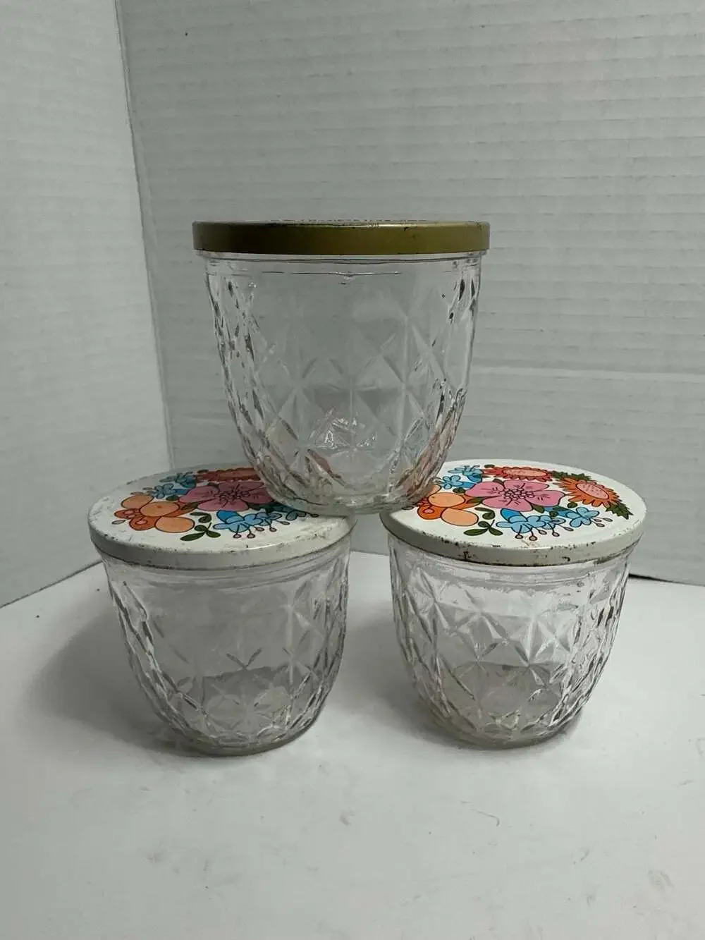 Set of 3 Vintage Ball Quilted Crystal Jelly Jars with Decorative Metal Lids